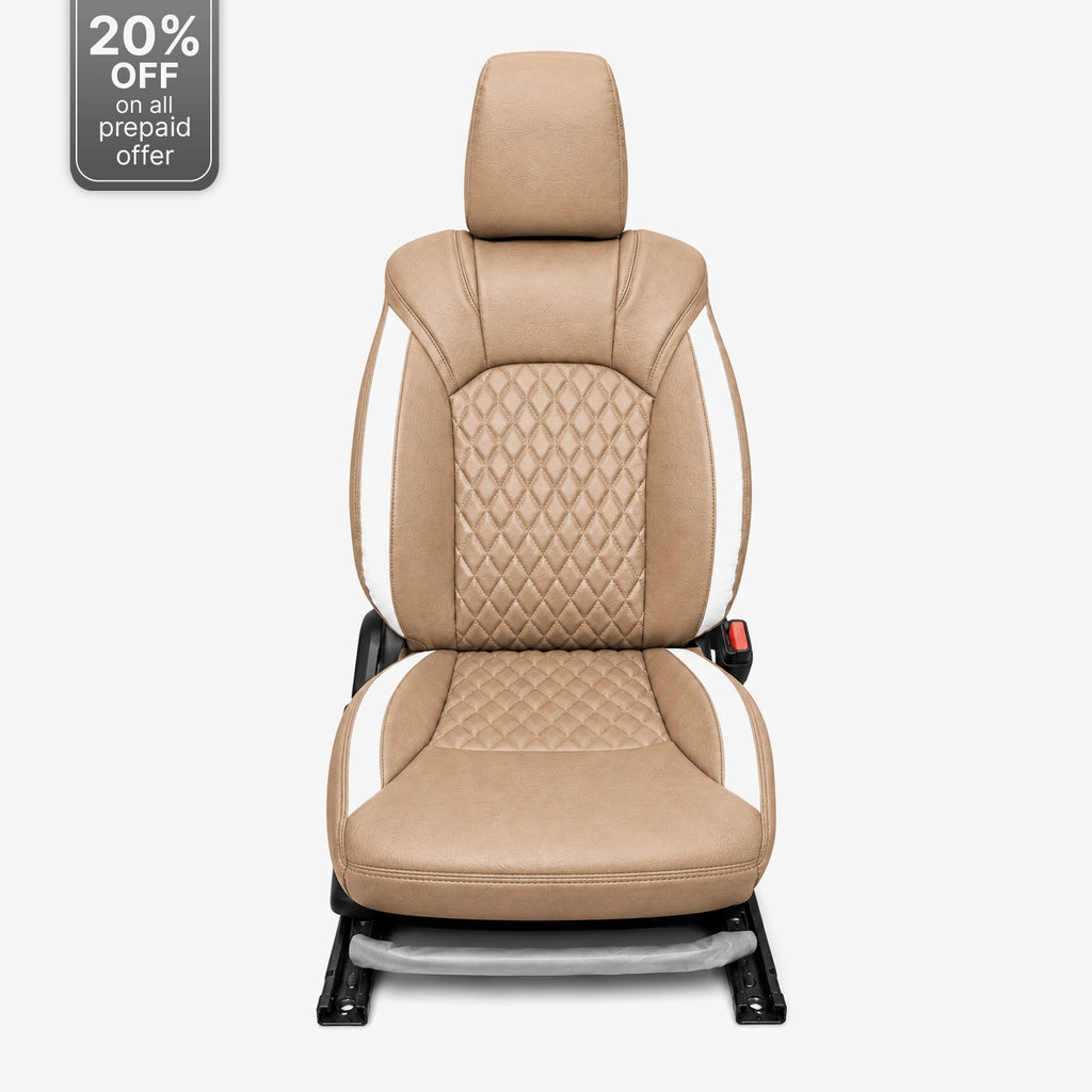 Premium Leatherette Seat Cover Camel Beige & White Color With Airbag Compatible
